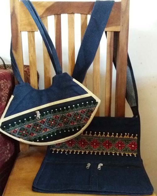 Olive Shaped Embroidered Natural Cotton/Denim Shoulder Bag
